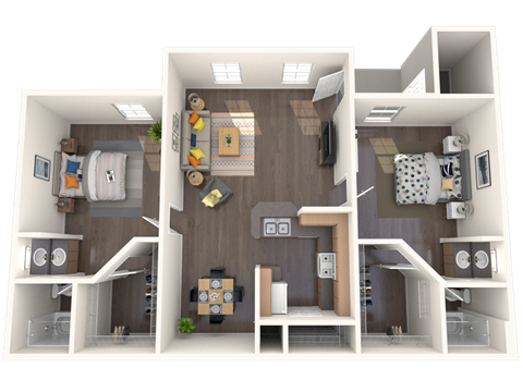 Floor plan for 2 beds, 2 baths, 1042 sqft